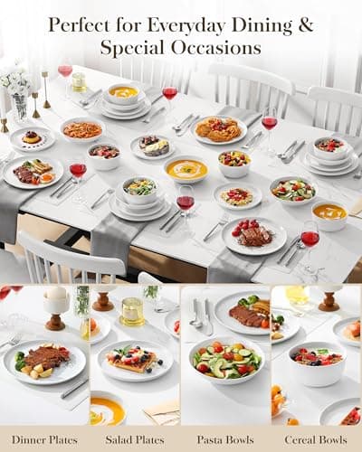 MALACASA 24 Pieces Gourmet Porcelain Dinnerware Sets, Premium Plates and Bowls Set, High-Fired Ceramic Dishes Set for 6, Chip & Scratch Resistant, Microwave Dishwasher Safe, White, Series LEXI - Thumbnail 5