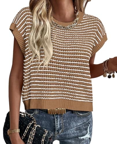PRETTYGARDEN Womens Short Sleeve Sweater Spring Summer 2026 Round Neck Striped Pullover Cap Sleeve Knit Sweater Vest Tops(Dark Khaki,XX-Large) - Image 1