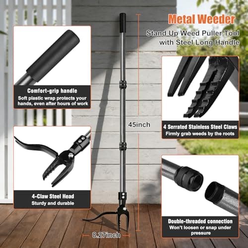 GOXAWEE Metal Stand Up Weed Puller Tool - 45" Garden Weeding Tool with Steel Long Handle & 4-Claw Steel Head - Effortlessly Remove Weeds Without Bending/Kneeling - All Steel Construction - Thumbnail 2