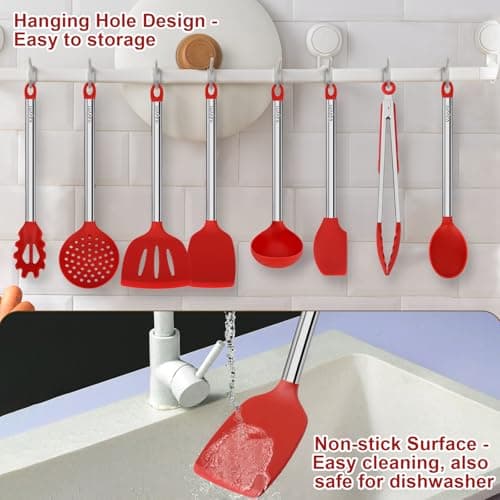 8 PCS Silicone Kitchen Utensils, Vayvnt Large Cooking Utensils Set for Nonstick Cookware, Silicone Spatula Set Includes Spoons and Tongs, Kitchen Essentials for Cooking & Baking, Dishwasher Safe, Red - Thumbnail 5