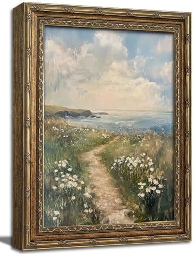 Gold Framed Wall Art, Coastal Landscape Canvas Prints - Vintage Seascape with White Wildflowers Pictures, Summer Beach Farmhouse Decor Gallery Artwork for Living Room, Bedroom 9x11 inch - Image 1