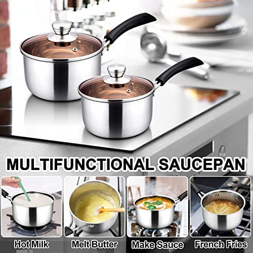 LIANYU Saucepan with Lid, 1 Quart and 2 Quart Stainless Steel Saucepan, Small Pot Milk Soup Pan for Home Kitchen Restaurant, Long Heatproof Handle, Dishwasher Safe - Thumbnail 4