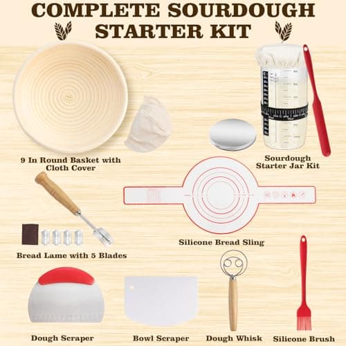 Complete Sourdough Starter Kit, 9 Inch Bread Proofing Basket, 24 Oz Sourdough Starter Jar Kit, Sourdough Bread Baking Supplies, Sour Dough Starter Kits for Beginners Home Bakers Wife Mom - Thumbnail 2