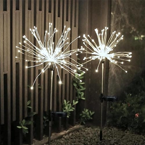 HFLYJPYW Solar Firework Lights 2Pcs Garden Lights Outdoor Waterproof, 120 LED with 8 Modes Twinkling and Steady-On, Festive daysStarburst Lights for Path, Patio, Yard (Cool White)