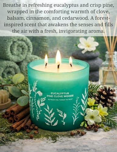 Eucalyptus Pine Clove Woods Scented Candle - Large 3-Wick Aromatherapy Soy Candle for Home, 14.5oz - Pine Balsam Forest Stress Relief Candle - Birthday Gift for Women & Men - Thumbnail 2