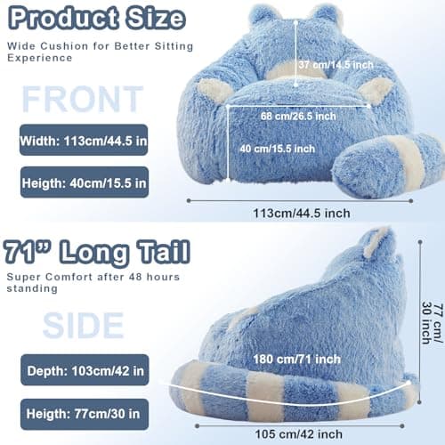 EBENCHICO Giant Bean Bag Chair for Adults Teens, Raccoon Shaped Faux Fur Bean Bag Sofa with Filler, Plush Beanbag Couch with Tail Pillow for Gaming, Reading, Bedroom, Dorm - Thumbnail 2