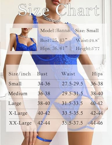 Avidlove Lingerie for Women Lace Lingerie Set with Garter Belts Embroidered Teddy Bodysuit with Panty Royal Blue Large - Thumbnail 6