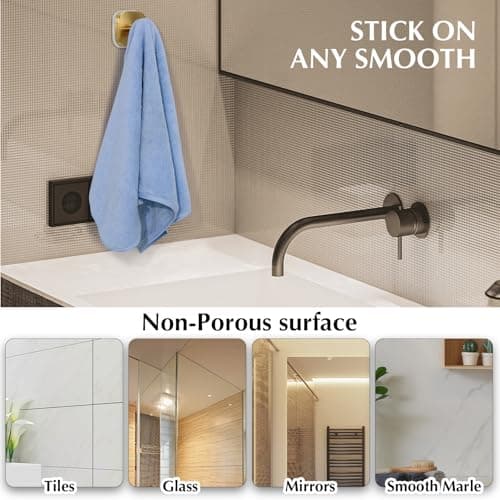 warlve Suction Cup Hooks for Shower - Reusable No-Drill Mounting - Hooks for Towels, Robes & Loofah on Metal, Glass, Mirrors, Tile & Smooth Non-Porous Surfaces (2, Brushed Gold) - Thumbnail 5