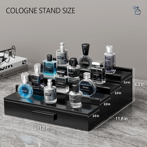 Sueuapp Walnut Wood Cologne Organizer for Men,4 Tier Cologne Stand,Perfume Stand Organizer,Cologne Shelf Display Holder with Hidden Storage and Drawer,Great Gift for Men,Black - Thumbnail 6