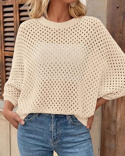 KIRUNDO Crochet Tops for Women Summer Batwing Sleeve Beach Sweater Lightweight Knit Cover Up Shirts Cruise Vacation Outfits(Beige, XX-Large) - Thumbnail 5