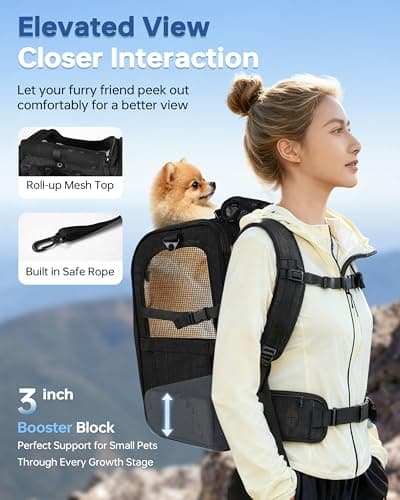 Hiking Dog Carrier Backpack, Padded Height-Enhancing Design, Adjustable Waist Cushioning Belt with Breathable Padded Back Support, Dog Carrier Backpack for Small Dogs Max 13LB Black with Pad - Thumbnail 3