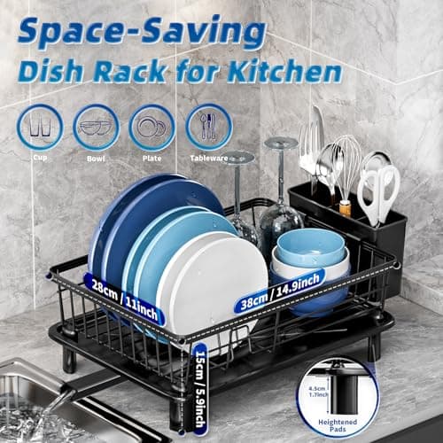 GAOKASE Dish Drying Rack, Stainless Steel Space-Saving Dish Rack, Dish Racks for Kitchen Counter, Kitchen Dish Drainers with Removable Utensil Holder,New Drain Outlet,Plate Rack and Drainboard, Black - Thumbnail 5