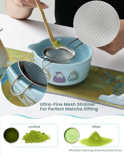 Matcha Whisk Set, 18OZ 7 Pcs Japanese Matcha Kit Includes Matcha Bowl with Spout, Bamboo Whisk, Chasen Holder, Stainless Sifter, Scoop and Rest, Tea Towel, Matcha Tea Set Home Kitchen Christmas - Thumbnail 5