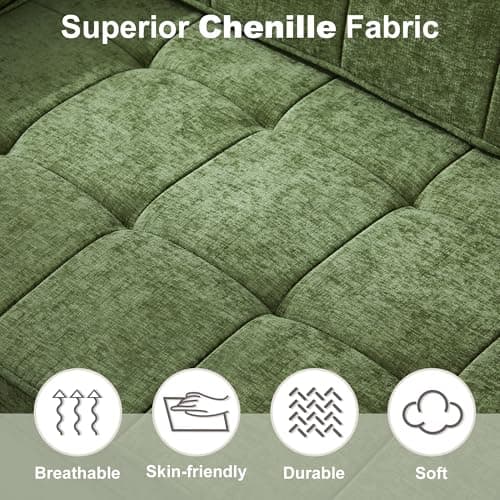 Tbfit 57" Loveseat Sleeper Convertible Sofa Bed, Futon Couch with Pullout Bed, USB & Adjustable Backrest, Chenille Full Size Pull Out Couches for Living Room, Apartment, Office, Dorm, RV, Green - Thumbnail 5