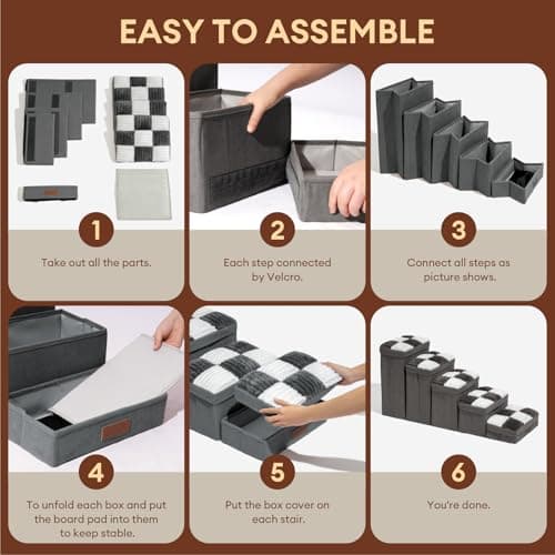 Dog Stairs with Storage, 4-Step Chessboard Plaid Handcrafted Dog Steps for Small Medium Dogs Cats, Folding Sturdy Pet Stairs Climbing Bed or Sofa, Grey - Thumbnail 6