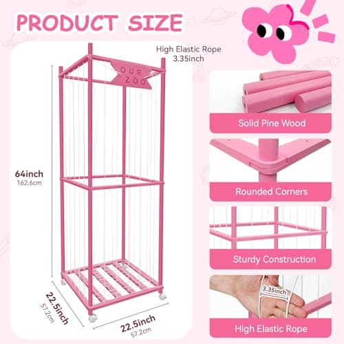 Stuffed Animal Storage Zoo with Wheels, Wooden Large Stuff Animals Plushies Holder Toy Organizer Kids Plush Storage Cage with Elastic Band and Net for Nursery Playroom Corner for Toddler (Hot Pink) - Thumbnail 2