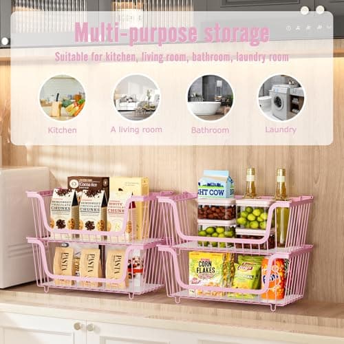 4 Pcs Stackable Wire Baskets for Pantry Organizers and Storage,pink, - Thumbnail 4