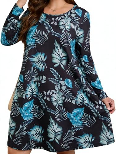 BLANCHES Plus Size Floral Dress for Women Long Sleeves Crew Neck Casual Dresses Empire Waist Swing Cute Tiered Loose A-Line Flowy Dress with Pockets - Image 1