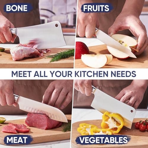 Topfeel Butcher Knife Meat Cleaver Set 3Pcs-7" Heavy Duty Bone Chopper& 7" Santoku Knife& 5" Utility Knife, German Stainless Steel Chef Knives Set for Kitchen Home Gift - Thumbnail 4