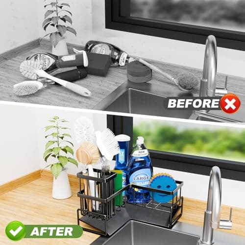 Fikoksol Large Sponge Holder for Kitchen Sink, 90-Degree Sink Caddy Organizer with Dish Brush Holder for Countertop Corner Storage Rack, Metal L-Shaped Kitchen Sink Sponge Soap Organizer Storage Ideas - Thumbnail 6