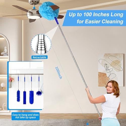 6-in-1 Duster for Cleaning Kit, Extendable Duster with Stainless Steel Pole - Microfiber, Ceiling Fan Cleaner Dusters and Chenille Dusters, Bendable Cobweb Removers for High Ceilings, Fans, Blinds - Thumbnail 4