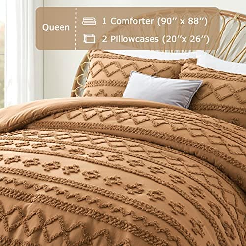 Oli Anderson Pumpkin Brown Queen Comforter Set Tufted Bedding Set Queen 3 Pieces, Boho Shabby Chic Comforter with 2 Pillowcases (Pumpkin Brown,Queen) - Thumbnail 4