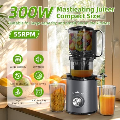 ​Budsom Cold Press Juicer Machine: 300W Slow Masticating Juicer for Whole Fruits & Vegetables, 5.3" Wide Feed Chute, High Juice Yield, Easy to Clean, Quiet 55 RPM, Juice Extractor for Home & Kitchen - Thumbnail 2