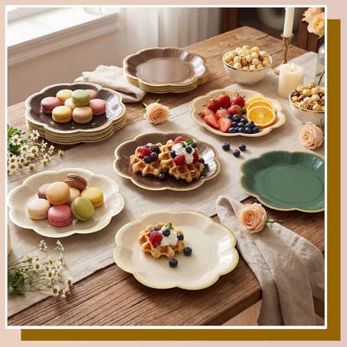 NatNarr 60 Pcs Woodland Baby Shower Party Plates, 7 Inch Scalloped Brown and Sage Green Paper Plates Forest Theme Cake Dessert Plate for Safari Baby Shower Decorations, Birthday - Thumbnail 4