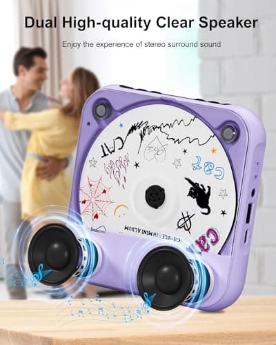 ENVYCLOUD CD Player Portable with Dual Stereo Speakers, Rechargeable Portable CD Player with Bluetooth for Home with Headphones, Support CD/AUX/USB, Purple - Thumbnail 5