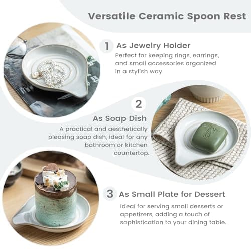 LAUCHUH Spoon Rest, Large Ceramic Spoon Holder for Kitchen Counter Spatula Rest Heat-Resistant Spoon Rest for Stove Top Cooking Utensil Holder, Farmhouse Kitchen Décor for Mother's Day, Cream, 5 Inch - Thumbnail 3