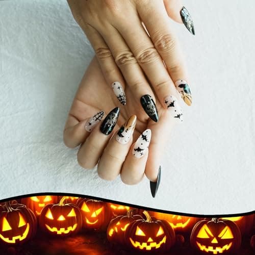 Tesytto 10pcs Almond Press on Nails - Halloween White Black False Nails with 3D Bat, Pumpkin & Cobweb Designs, Reusable Acrylic Press on Nails for Women (Spooky Vibes,S) - Thumbnail 3