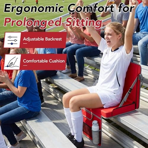 janiry Stadium Seats with Back Support 1PACK Adjustable Bleacher Chairs with Back and Cushion Bleacher Seat with Cup Holder, Carry Handle & Shoulder Strap for Outdoor Sports Events, Picnics, Red - Thumbnail 4