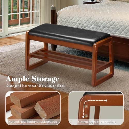 HABUTWAY Solid Wood Shoe Rack, Entryway Shoe Bench with Cushion, 2 Tier Shoes Organizer for Entryway, Hallway, Living Room-(Black,31.5"-M) - Thumbnail 4