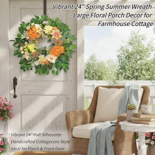 24" Large Wreath for Front Door - Artificial Orange Hydrangea Peony Yellow Dahlia Wreath - Summer Floral Farmhouse Porch Decor, Sun-Kissed Welcome Sign for Wall & Window - Thumbnail 5