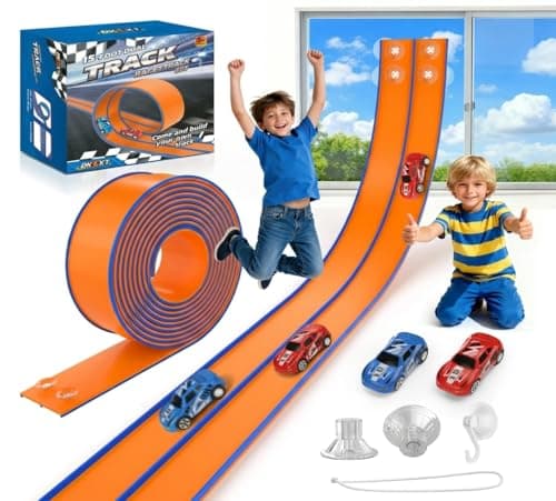 DKOXT 15 Ft Flexible Race Track for Kids, DIY Car Track Set with 2 Toy Cars & 3 Suction Cup Ramps, Easter Basket Stuffers for Teens & Boys Girls, Creative Easter Gifts for Kids, Orange