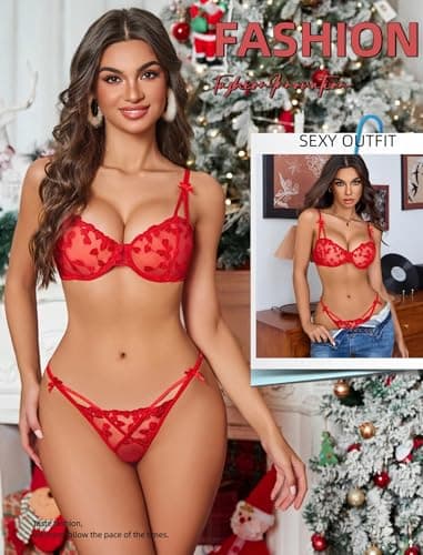 Avidlove Lingerie for Women Sexy Underwire Lingerie Set Cute Push Up Bra and Panty Set Red XL - Thumbnail 4