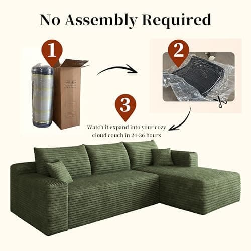 96" Cloud Sectional Small Couches for Small Space, L Shaped Sofa Green Corduroy Modular Boneless Couch with Chaise Deep Seat for Apartment and Livingroom, No Assembly Required (Right Facing Chaise) - Thumbnail 6