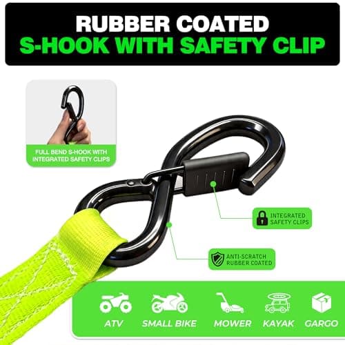 Retractable Ratchet Straps (4-Pack) - Heavy Duty Auto Slow Retraction Tie Down Straps - 1 Inch x 13 Feet (1,800lb Break Strength) for Truck, Cargo Trailer, Motorcycle, ATV, UTV - Fluorescent Green - Thumbnail 6