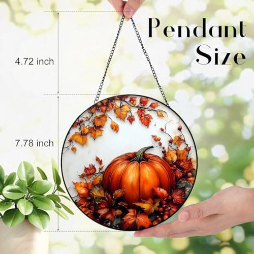 Zizzie Stained Glass Pumpkin Suncatcher - 7.9" Real Glass Fall Maple Leaves Window Hanging, Weatherproof Autumn Farmhouse Decor, Thanksgiving Harvest Gift for Women Mom - Thumbnail 3
