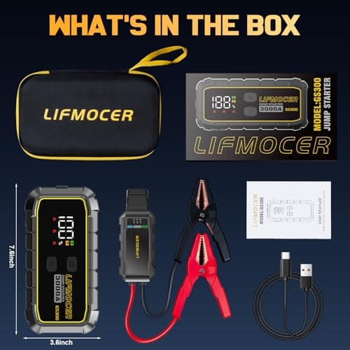 GS300 Car Jump Starter,3000A Portable Battery Jumper Starter for Up to 10.0L Gas & 8.0L Diesel Engines,59.2WH 12V Jump Box with Storage Case,USB Quick Charge,LCD Display,for Cars,Motorcycles,Trucks - Thumbnail 6