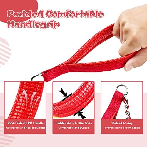 LUFFWELL Heavy Duty Metal Dog Chain Leash with Comfortable PU Leather Padded Handle, Chew Proof for Medium Large Pooch Walking Training (6FT 3.0mm Red) - Thumbnail 3