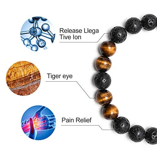 M MOOHAM Beaded Bracelets for Men - Gem Semi Precious Gemstone Round Bead Black Lava Rock Tiger Eye Adjustable Bracelet Men Gifts - Thumbnail 5