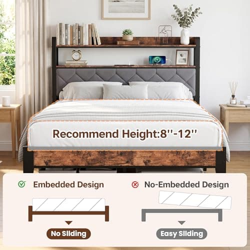 BOVONO Full Size Bed Frame with Dual-Layer Headboard and Footboard, Bed Frame Full with 2 Sockets & 2 USB & Type-C Charging Ports, Large Under Bed Storage, Without Noise, Easy Assembly, Grey - Thumbnail 6