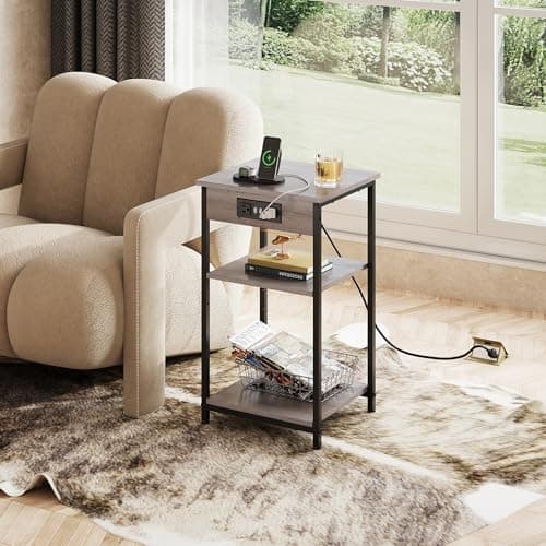 WLIVE End Table with Charging Station, Small Night Stand with Storage Adjustable Shelf, Side Tables for Small Spaces, Bedside Tables for Living Room, Bedroom, Grey - Thumbnail 2