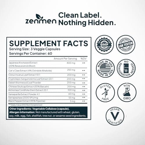 Zenmen Daily Tick Guard Immune Support Supplement - Improved Formula - Japanese Knotweed, Cat's Claw, Chinese Skullcap, Cryptolepis Sanguinolenta, Sweet Wormwood - 180 Vegan Capsules, Made in The USA - Thumbnail 4