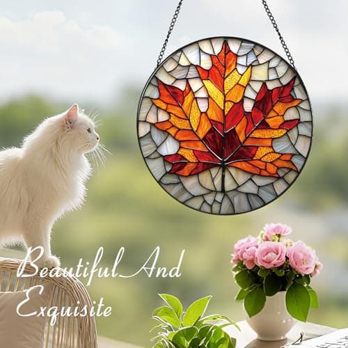 Zizzie Stained Glass Maple Leaf Suncatcher - 7.9" Real Glass Fall Autumn Window Hanging, Weatherproof Rustic Thanksgiving Decor, Seasonal Nature Gift for Women Mom - Thumbnail 6