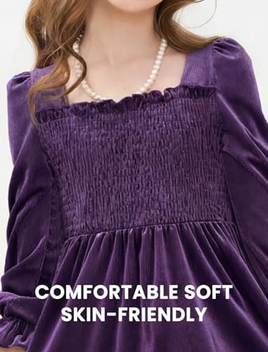 JiAmy Toddler Winter Dress Girls Velvet Long Sleeve Smocked Shirred Ruffle Flared Casual Dresses Purple 4-5Y - Thumbnail 6