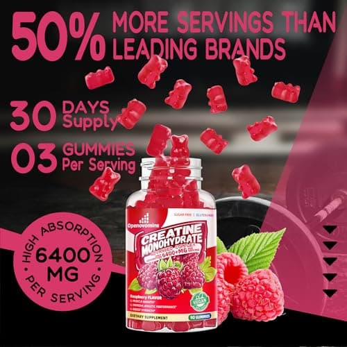 Creatine Monohydrate Gummies Complex 6400mg for Men & Women -Advanced Formula W/L-Taurine + Vitamin B12, Sugar Free Chewable Supplement,90 Raspberry Gummies - Thumbnail 6