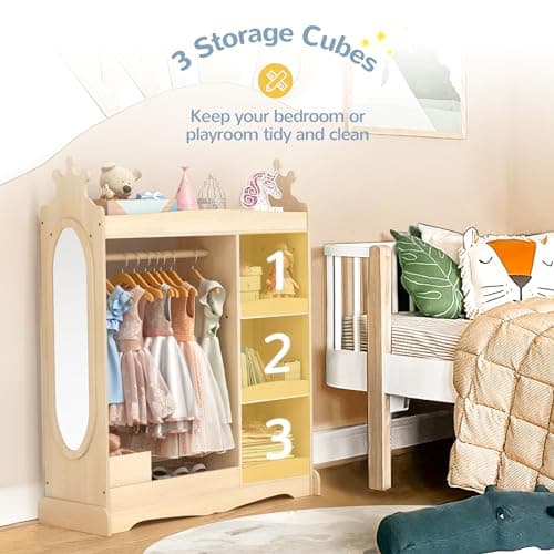 Curipeer Kids Dress up Storage with Mirror, Kids Wardrobe with Storage & 3 Hooks, Kids Closet for Girls Boys, Kids Costume Organizer, Open Hanging Armoire Wardrobe Closet for Bedroom, Natural - Thumbnail 2