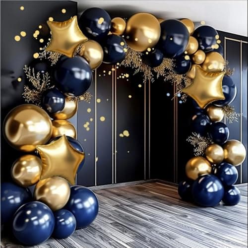 Royal Blue and Gold Balloon Garland Arch Kit, 160Pcs Dusty Blue Gold Latex Balloons with Star Foil Balloons for Wedding Anniversary Birthday Party Decorations - Thumbnail 4
